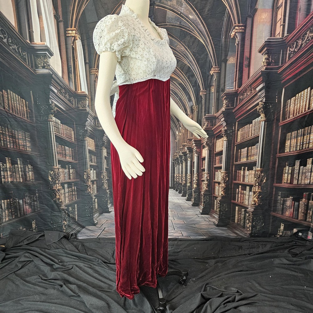 Vintage 70s Empire Waist Maxi Dress Red Velvet White Lace Regency Core Gown - Picture 8 of 10